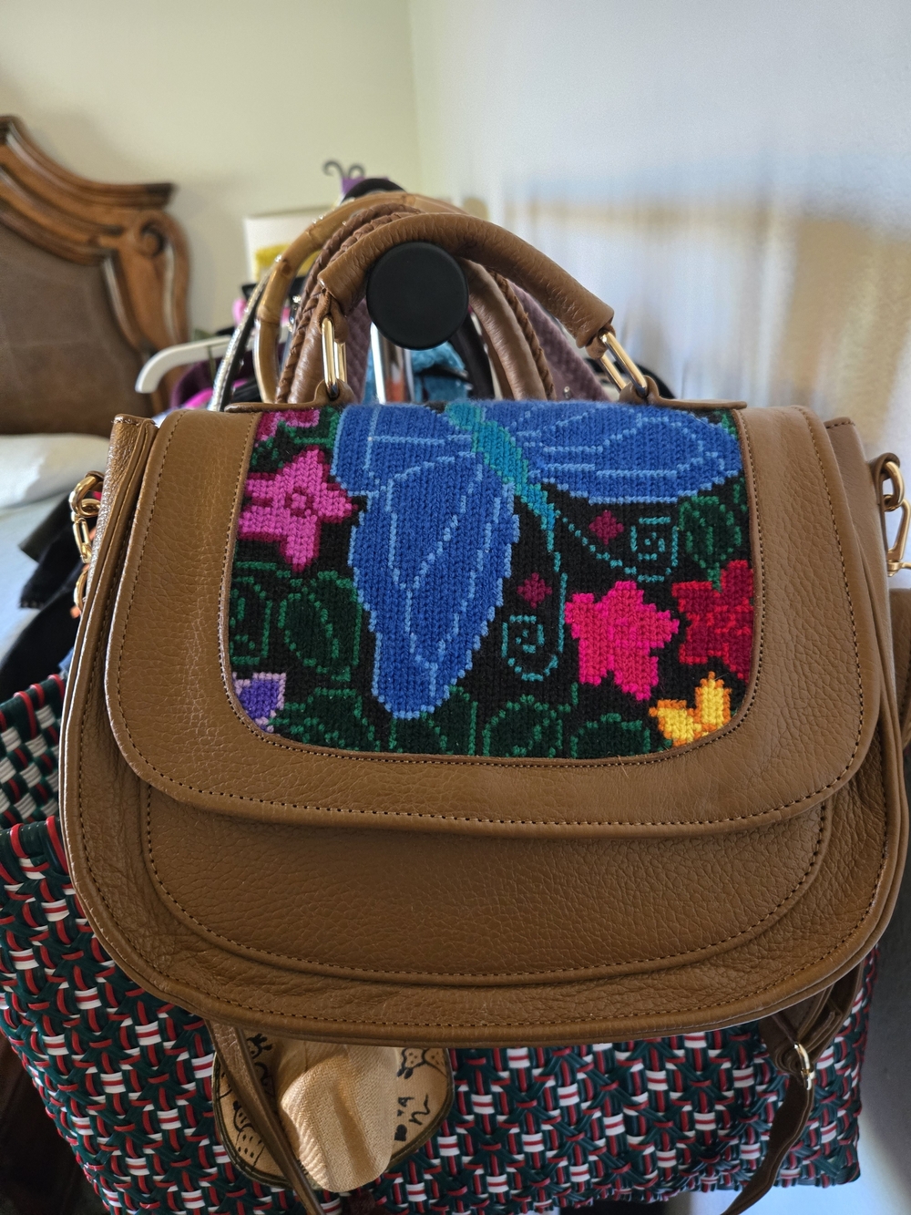 Brown Leather Crossbody Bag with Blue Floral Embroidery